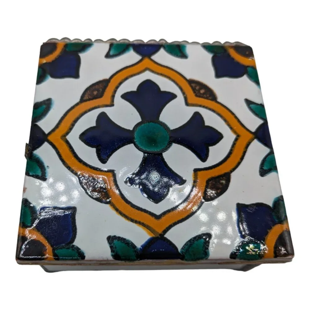 Mexican Tile Lid Trinket Box Stained glass sides Mirrored Inside Jewelry